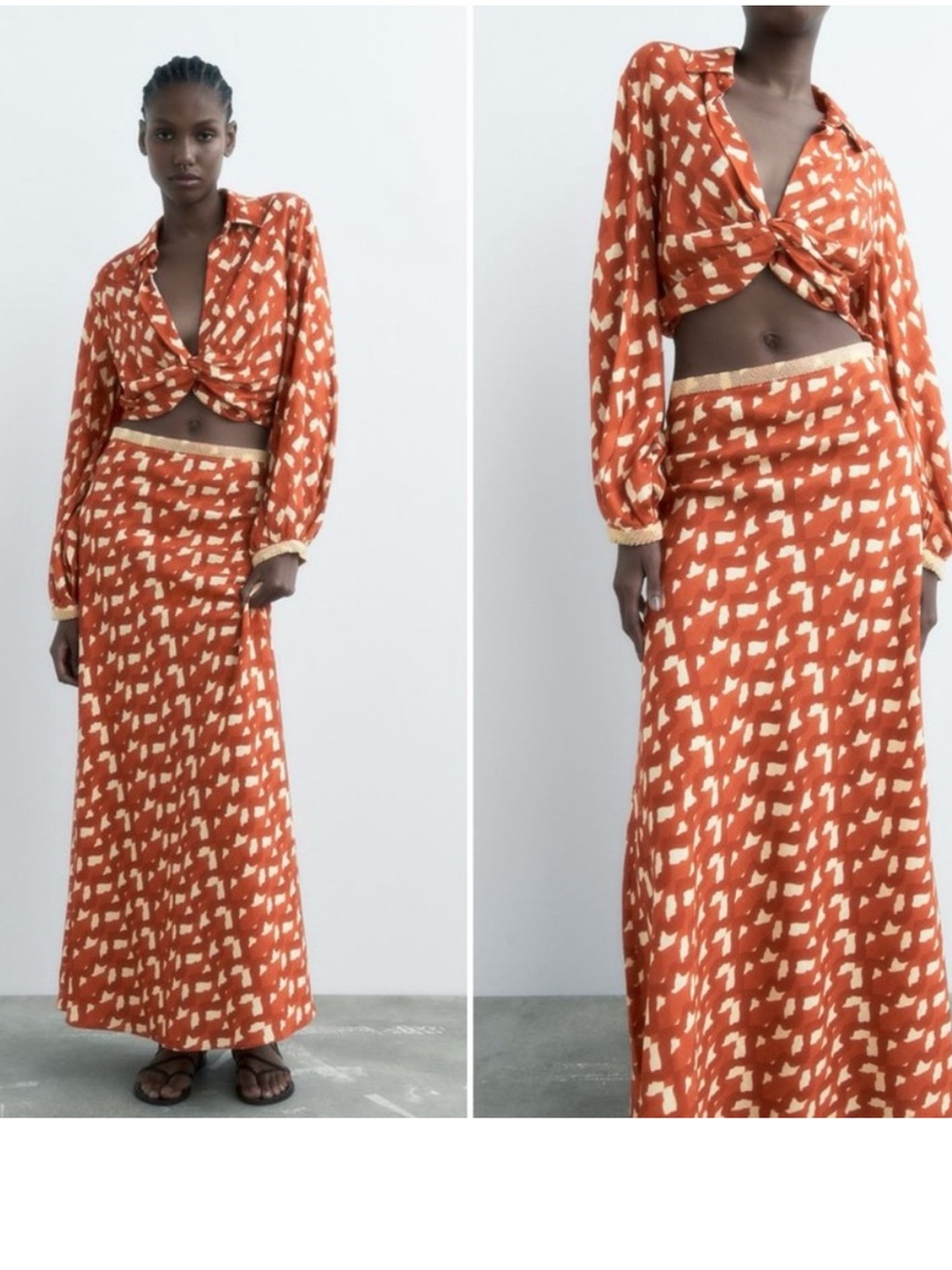 Zara Beaded Top size M and Skirt size XS Linen Blend Set in Terracotta